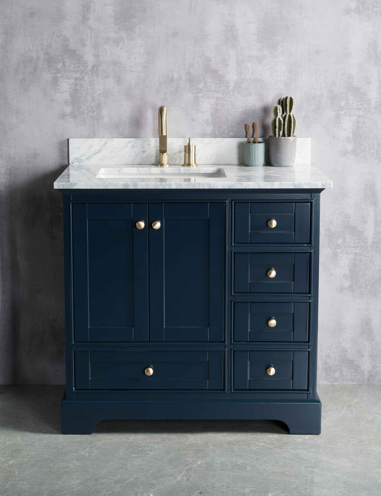 Rubeza 900mm Charleston Vanity Unit with Carrara Marble Top - Dark Blue & Gold