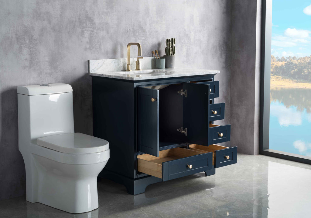 Rubeza 900mm Charleston Vanity Unit with Carrara Marble Top - Dark Blue & Gold