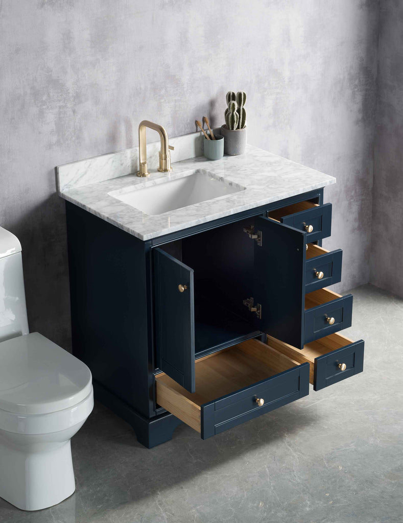 Rubeza 900mm Charleston Vanity Unit with Carrara Marble Top - Dark Blue & Gold