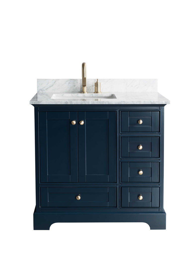 Rubeza 900mm Charleston Vanity Unit with Carrara Marble Top - Dark Blue & Gold