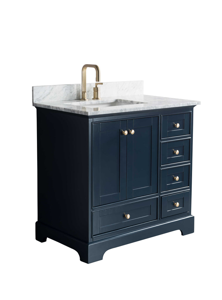 Rubeza 900mm Charleston Vanity Unit with Carrara Marble Top - Dark Blue & Gold