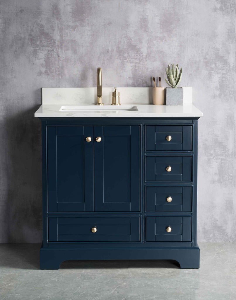 Rubeza 900mm Charleston Vanity Unit with Carrara Marble Top - Dark Blue & Gold