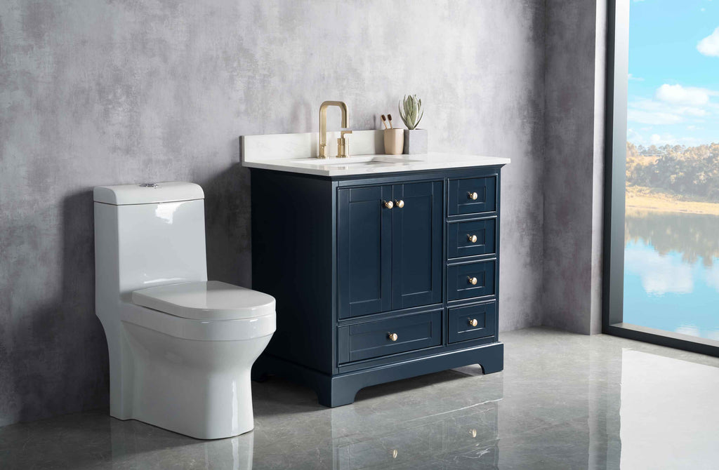 Rubeza 900mm Charleston Vanity Unit with Carrara Marble Top - Dark Blue & Gold