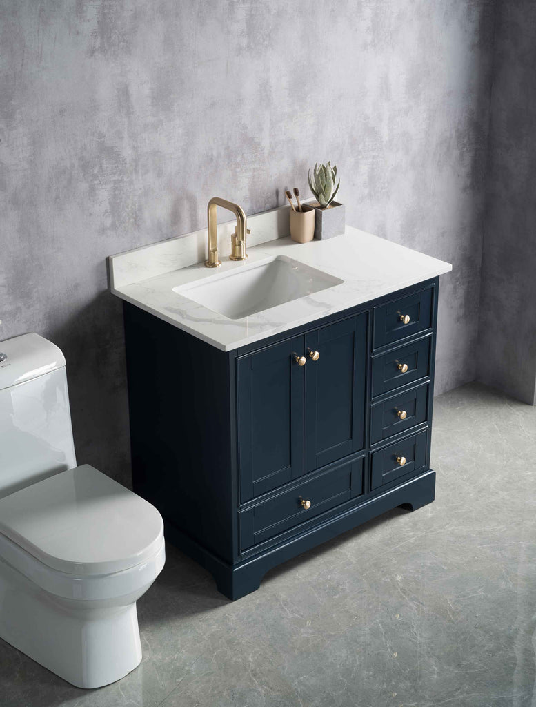 Rubeza 900mm Charleston Vanity Unit with Carrara Marble Top - Dark Blue & Gold