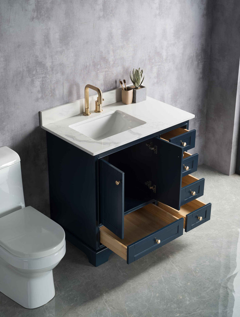 Rubeza 900mm Charleston Vanity Unit with Carrara Marble Top - Dark Blue & Gold