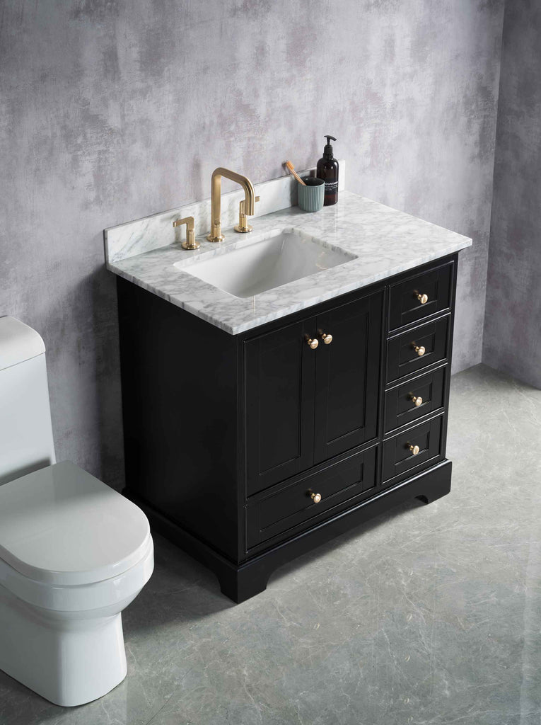 Rubeza 900mm Charleston Vanity Unit with Carrara Marble Top - Black & Gold