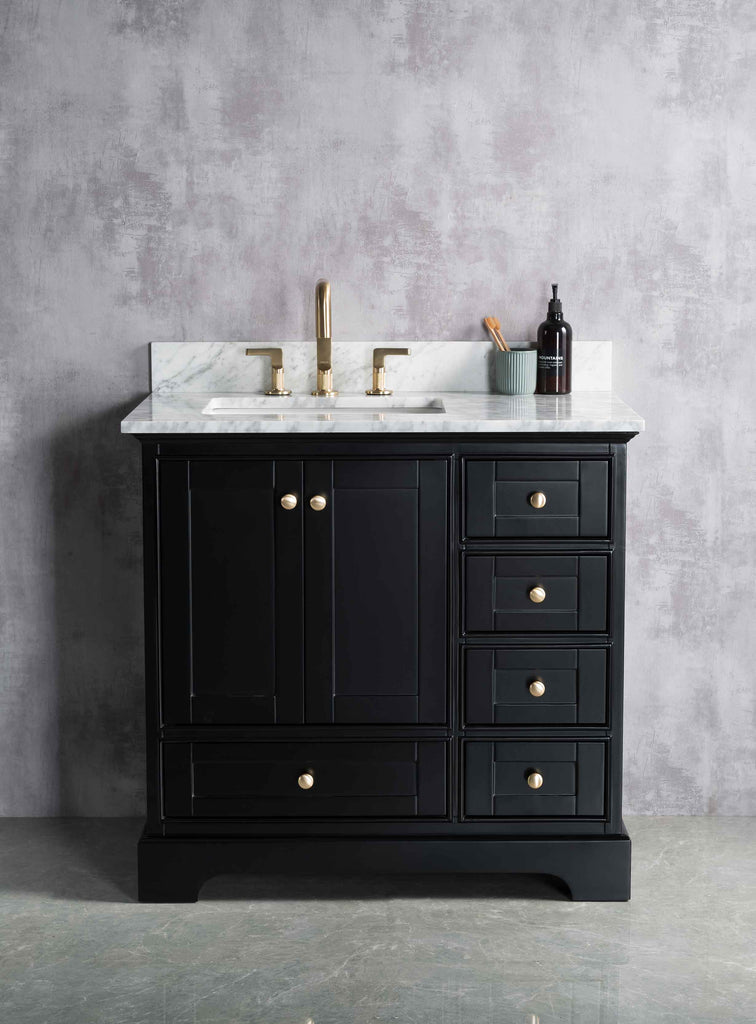 Rubeza 900mm Charleston Vanity Unit with Carrara Marble Top - Black & Gold