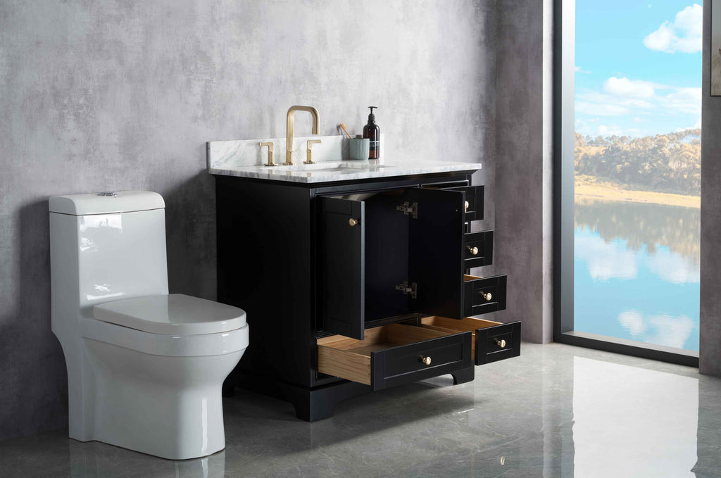 Rubeza 900mm Charleston Vanity Unit with Carrara Marble Top - Black & Gold