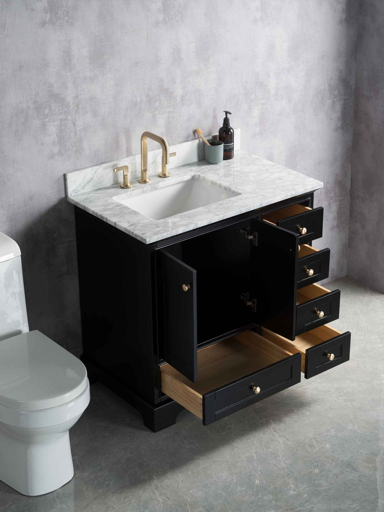 Rubeza 900mm Charleston Vanity Unit with Carrara Marble Top - Black & Gold