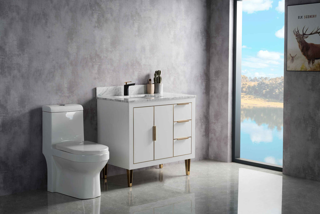 Rubeza 900mm Dukes Vanity Unit with Carrara Marble Top - White & Gold