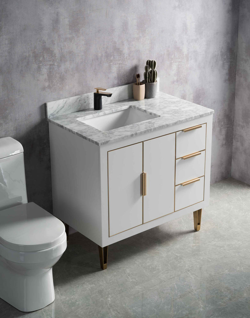 Rubeza 900mm Dukes Vanity Unit with Carrara Marble Top - White & Gold