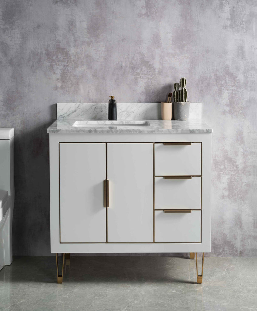 Rubeza 900mm Dukes Vanity Unit with Carrara Marble Top - White & Gold