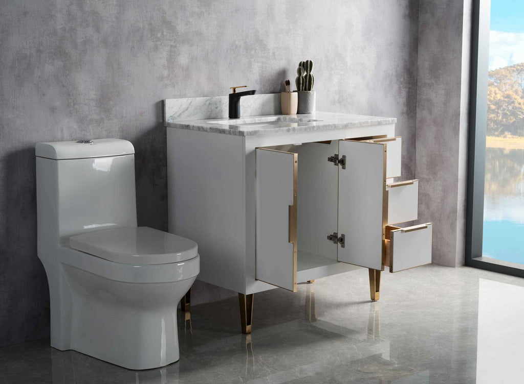 Rubeza 900mm Dukes Vanity Unit with Carrara Marble Top - White & Gold