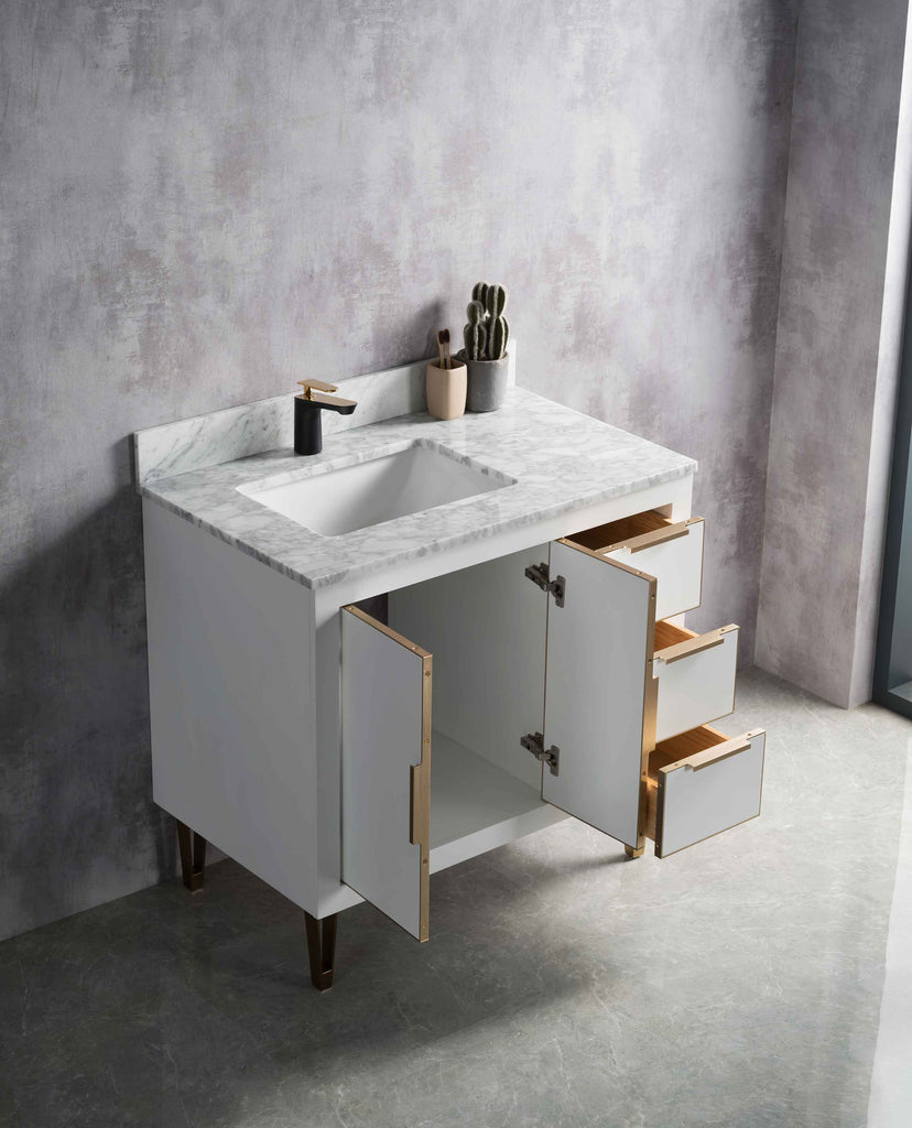 Rubeza 900mm Dukes Vanity Unit with Carrara Marble Top - White & Gold