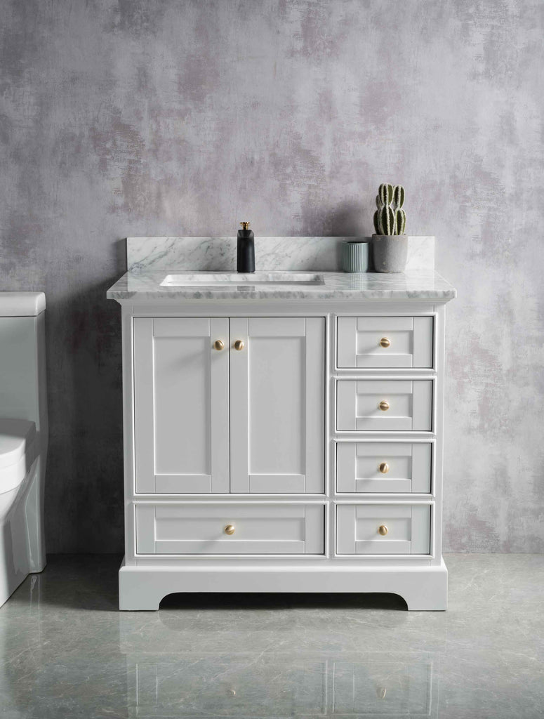 Rubeza 900mm Charleston Vanity Unit with Carrara Marble Top - White & Gold