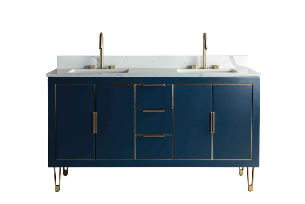 Rubeza 1500mm Dukes Vanity Unit with Calacatta Quartz Top - Dark Blue & Gold