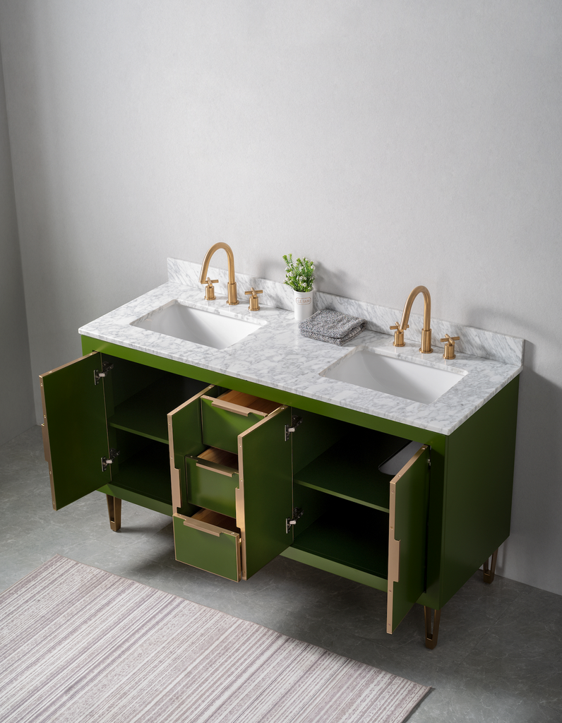 Rubeza 1500mm Dukes Vanity Unit with Carrara Marble Top - Grass Green & Gold