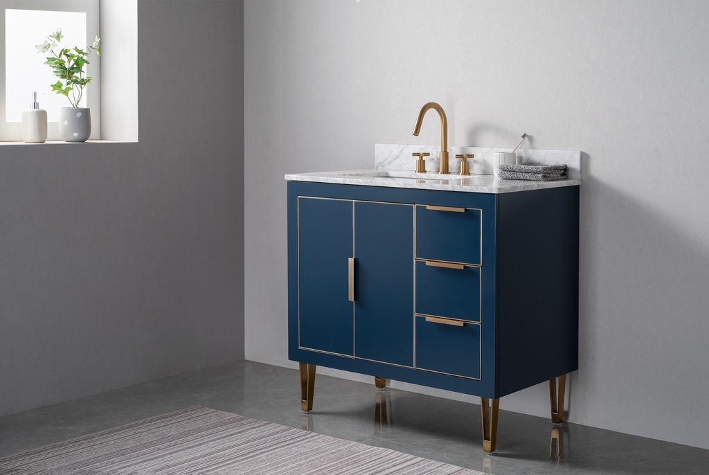 Rubeza 900mm Dukes Vanity Unit with Carrara Marble Top - Dark Blue & Gold