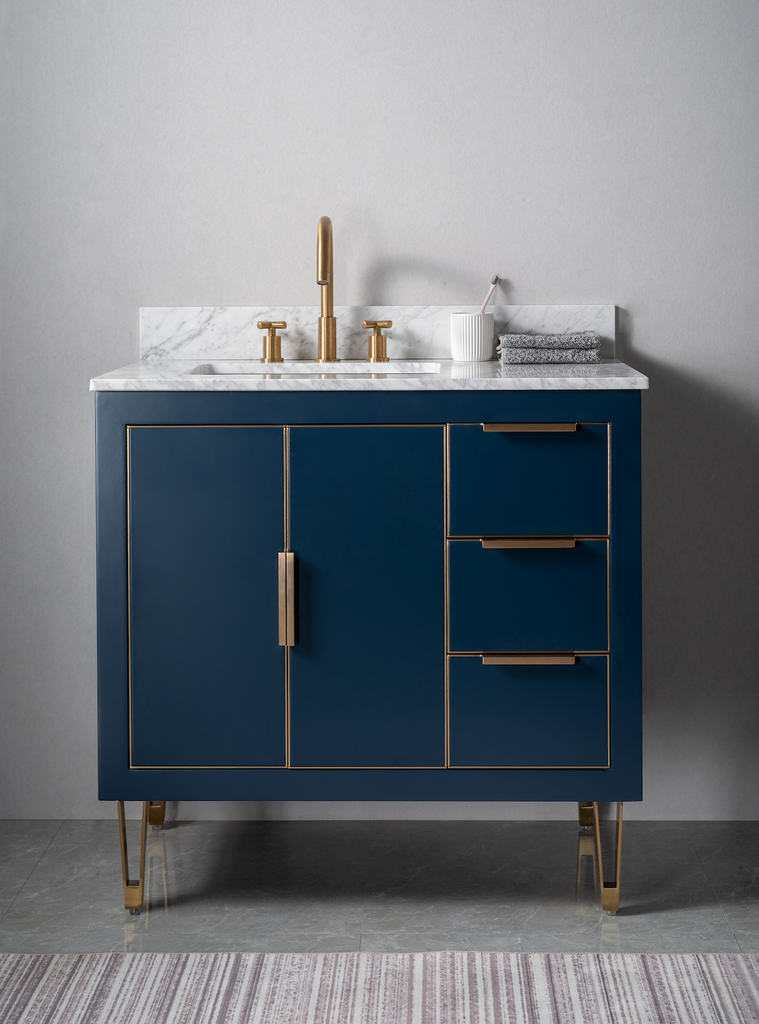 Rubeza 900mm Dukes Vanity Unit with Carrara Marble Top - Dark Blue & Gold