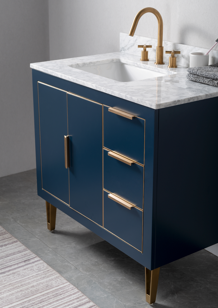 Rubeza 900mm Dukes Vanity Unit with Carrara Marble Top - Dark Blue & Gold