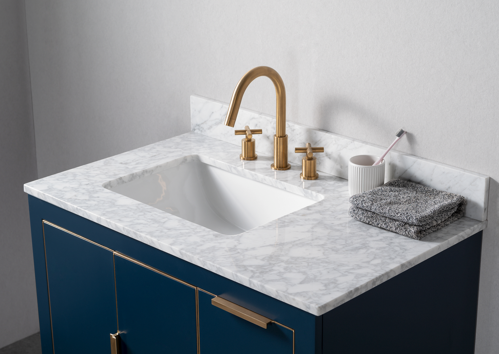 Rubeza 900mm Dukes Vanity Unit with Carrara Marble Top - Dark Blue & Gold