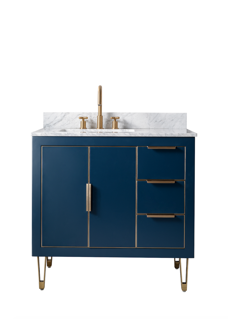 Rubeza 900mm Dukes Vanity Unit with Carrara Marble Top - Dark Blue & Gold