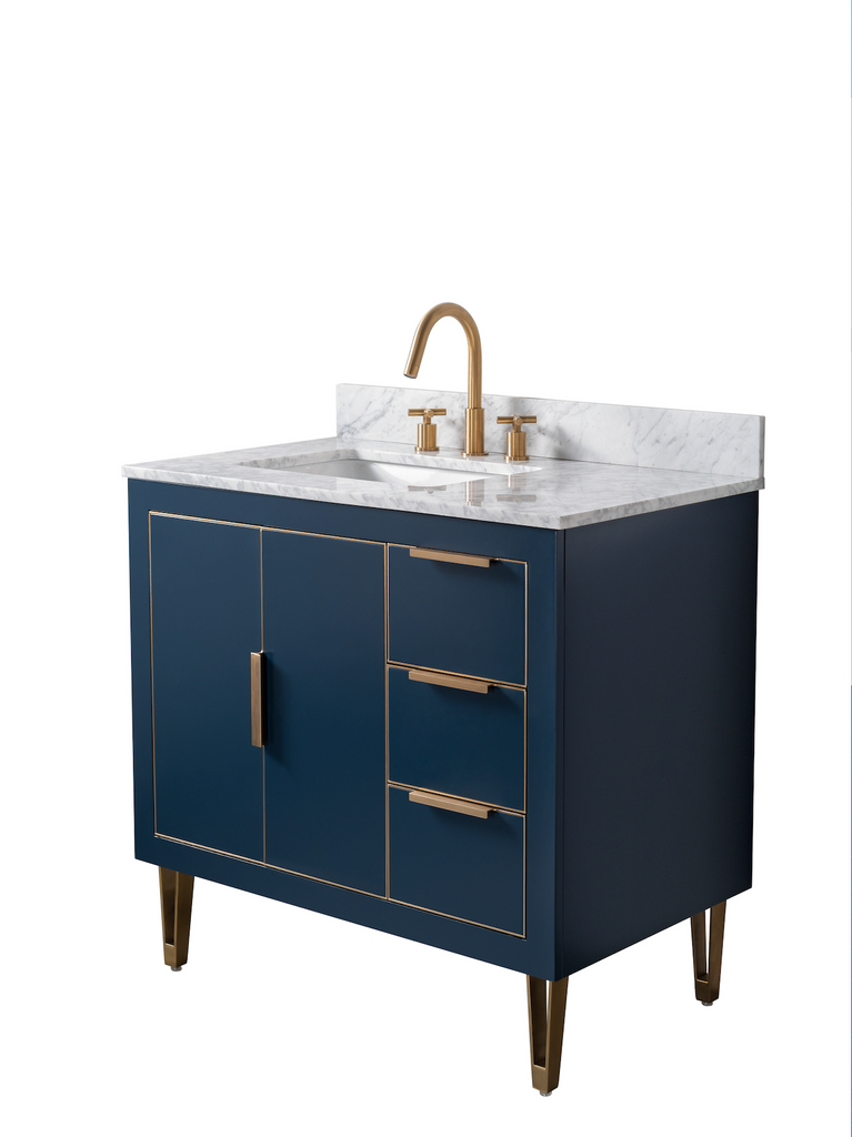 Rubeza 900mm Dukes Vanity Unit with Carrara Marble Top - Dark Blue & Gold