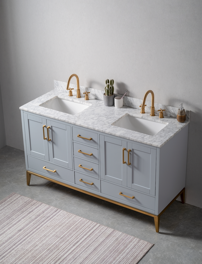 Rubeza 1500mm Anatolia Vanity Unit with Carrara Marble Top - Light Grey & Gold