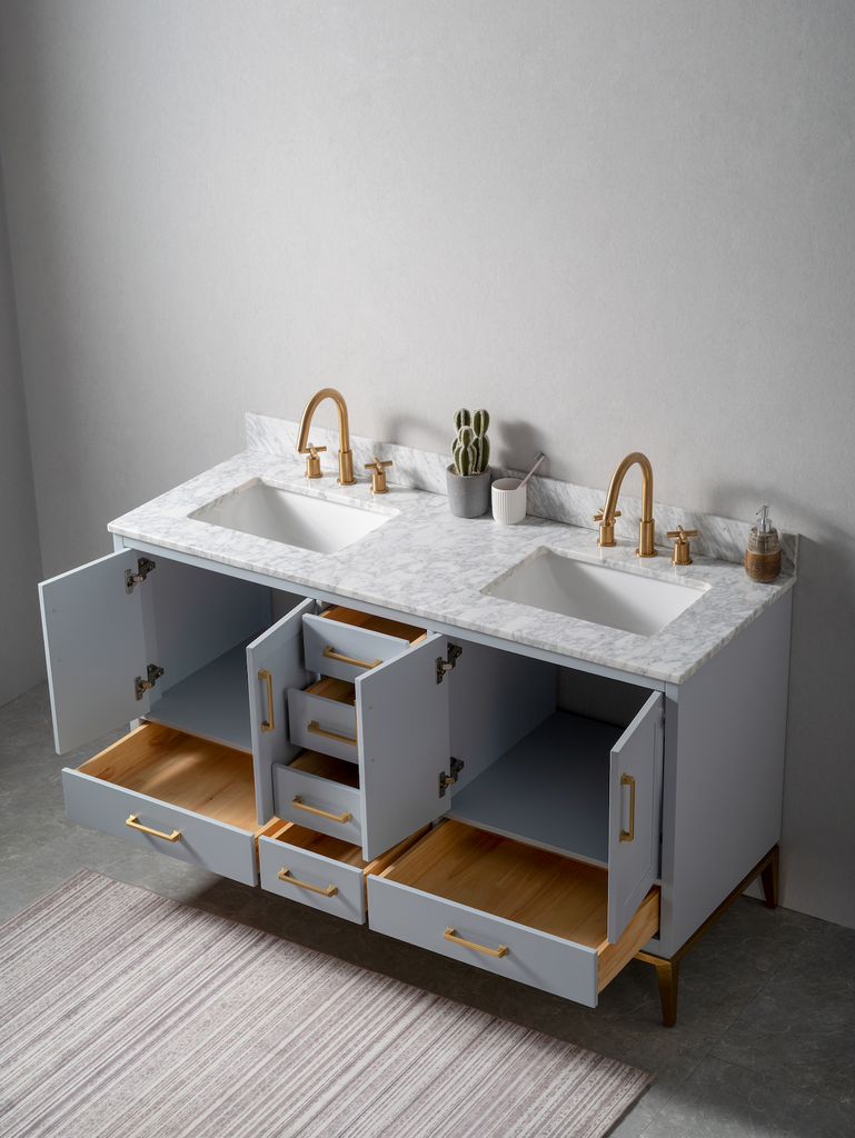 Rubeza 1500mm Anatolia Vanity Unit with Carrara Marble Top - Light Grey & Gold