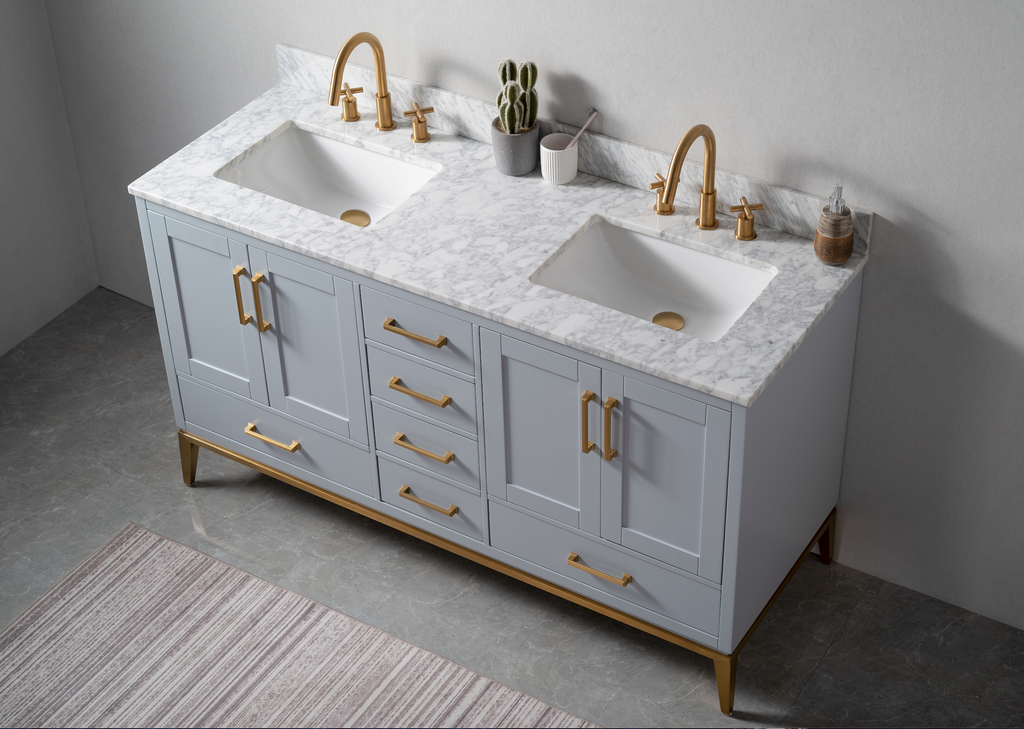 Rubeza 1500mm Anatolia Vanity Unit with Carrara Marble Top - Light Grey & Gold