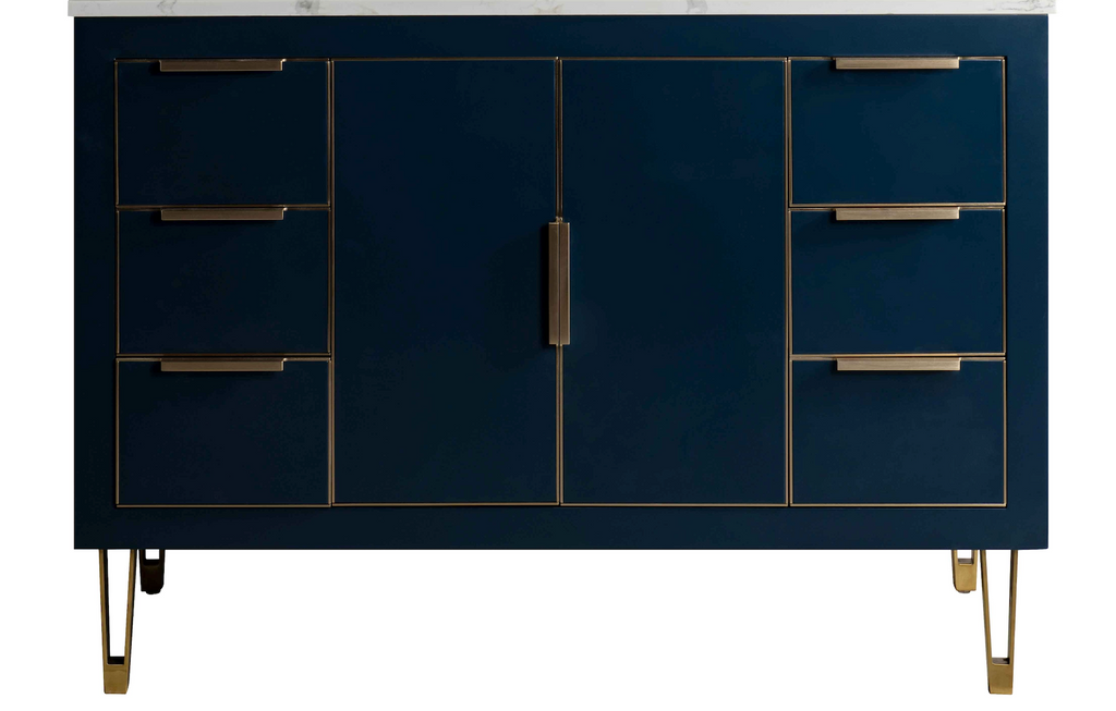 Rubeza Dukes 1200mm Kitchen Island with Calacatta Quartz Top - Dark Blue & Gold