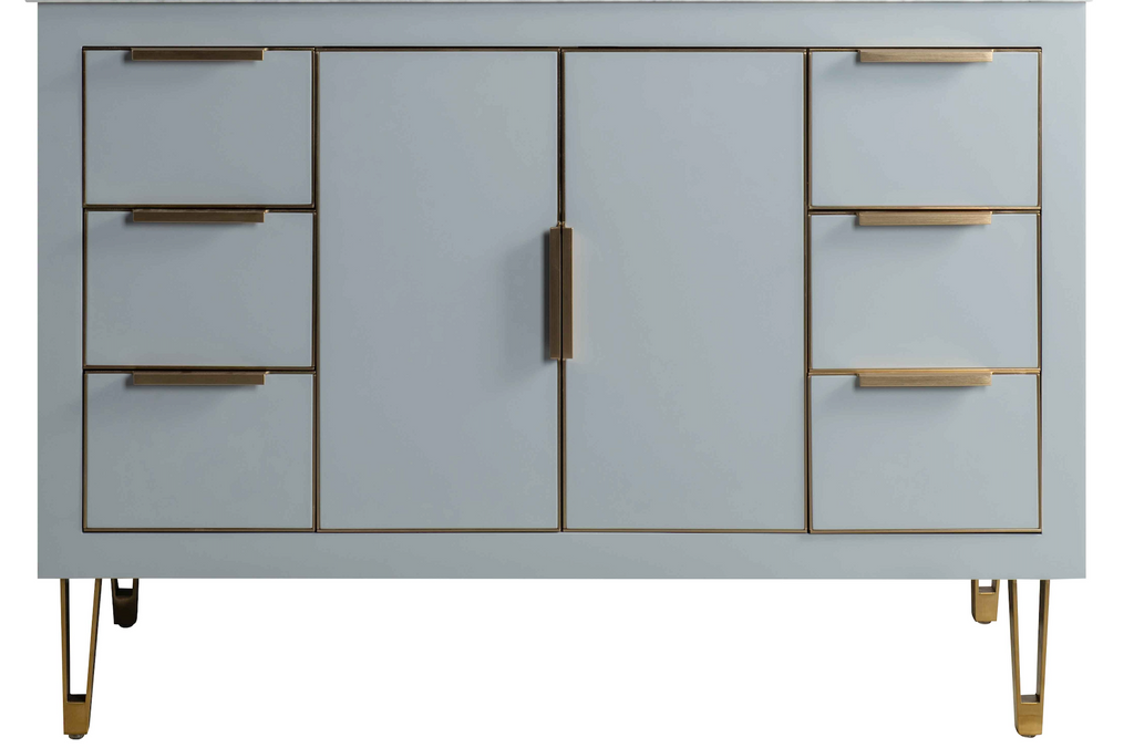 Rubeza Dukes 1200mm Kitchen Island with Calacatta Quartz Top - Light Grey & Gold