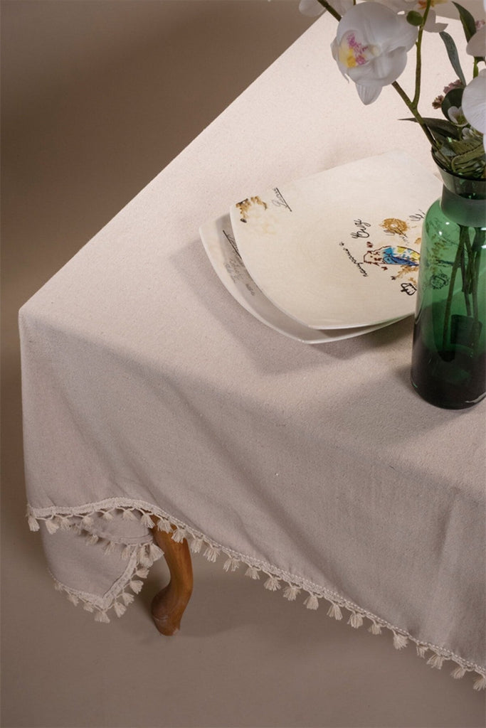 Beige Tasselled Pure Cotton Table Cloth