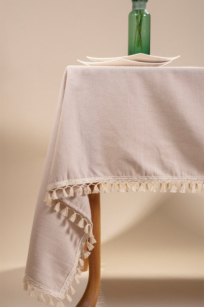 Beige Tasselled Pure Cotton Table Cloth