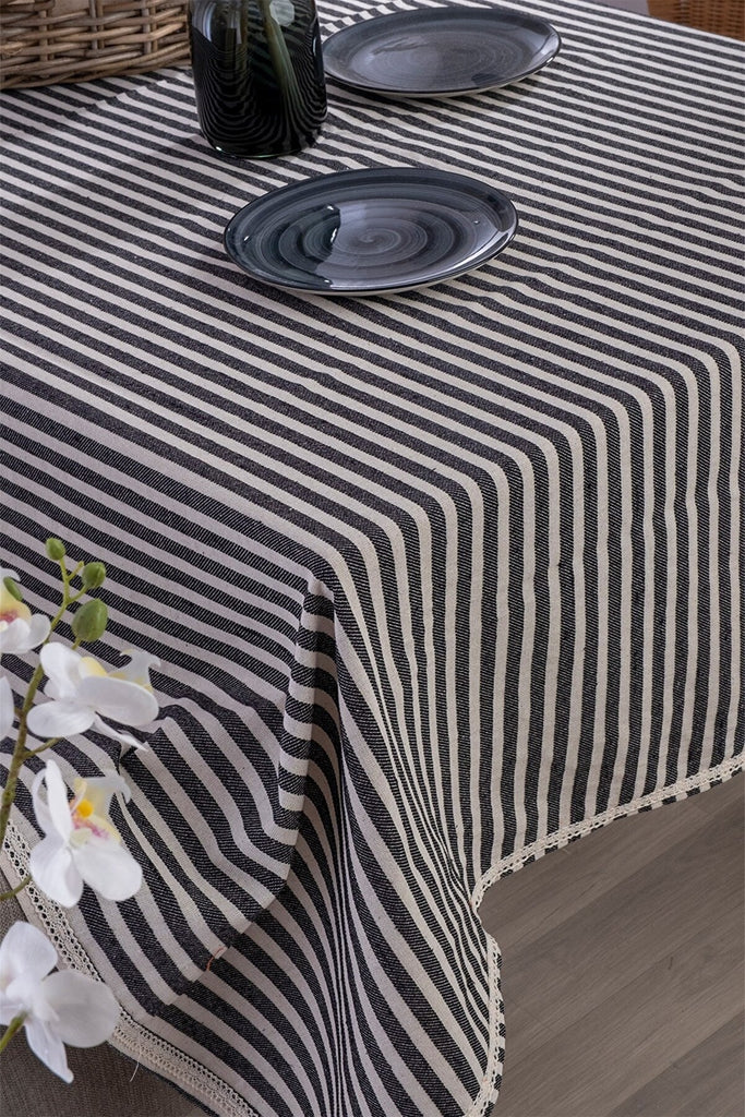 Lace Trim Linen Table Cloth - Striped Design