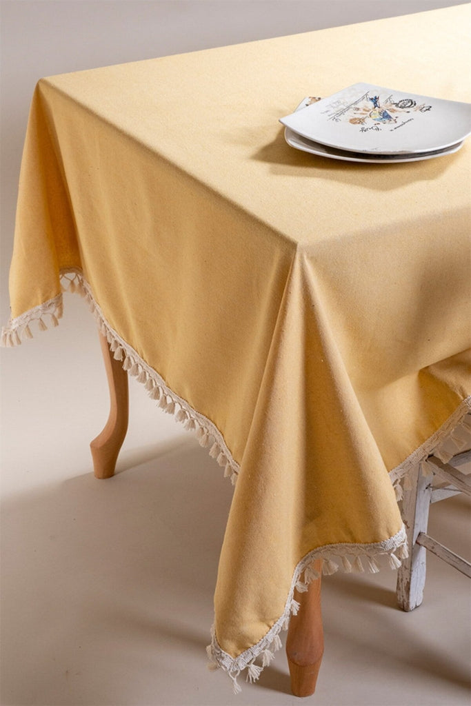Yellow Tasselled Pure Cotton Table Cloth