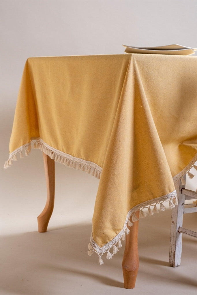 Yellow Tasselled Pure Cotton Table Cloth