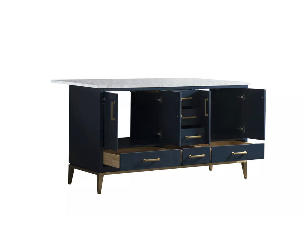 Rubeza Anatolia 1500mm Kitchen Island with Carrara Marble Top - Dark Blue & Gold