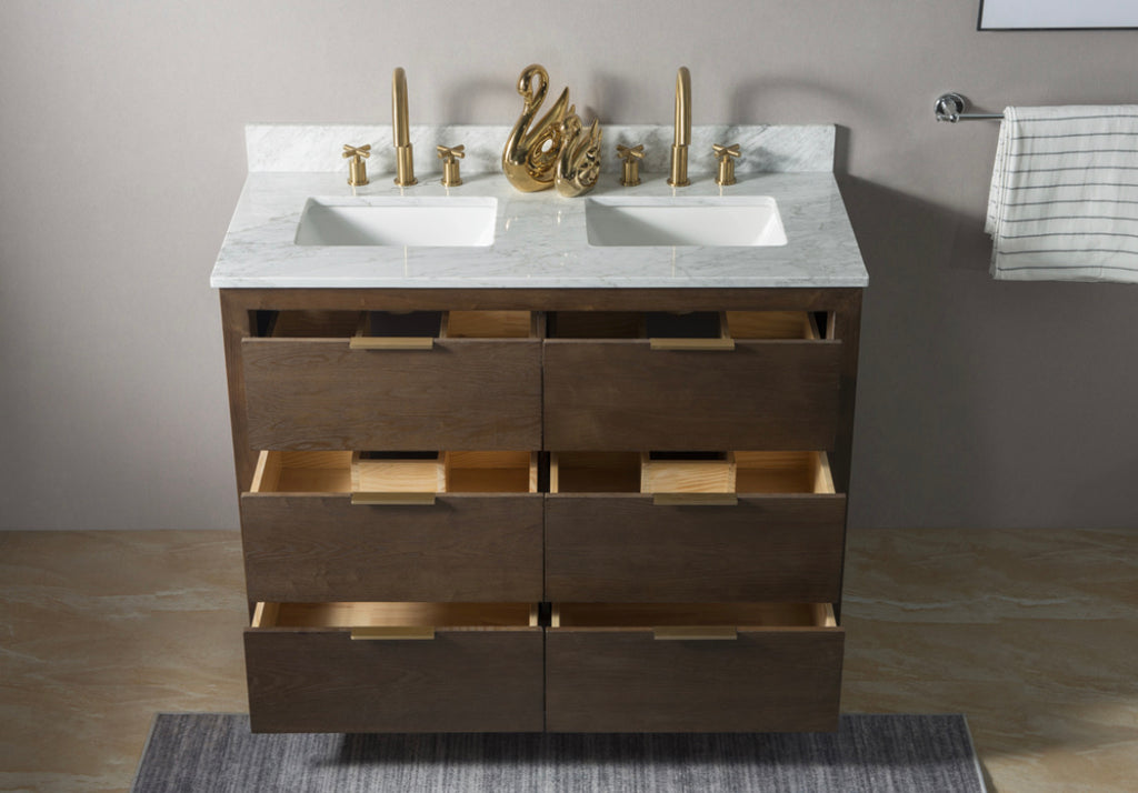 Rubeza 1200mm Keily Vanity Unit with Carrara Marble Top - Wood Veneer & Gold