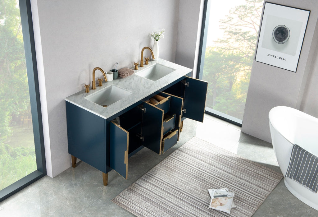 Rubeza 1500mm Dukes Vanity Unit with Carrara Marble Top - Dark Blue & Gold