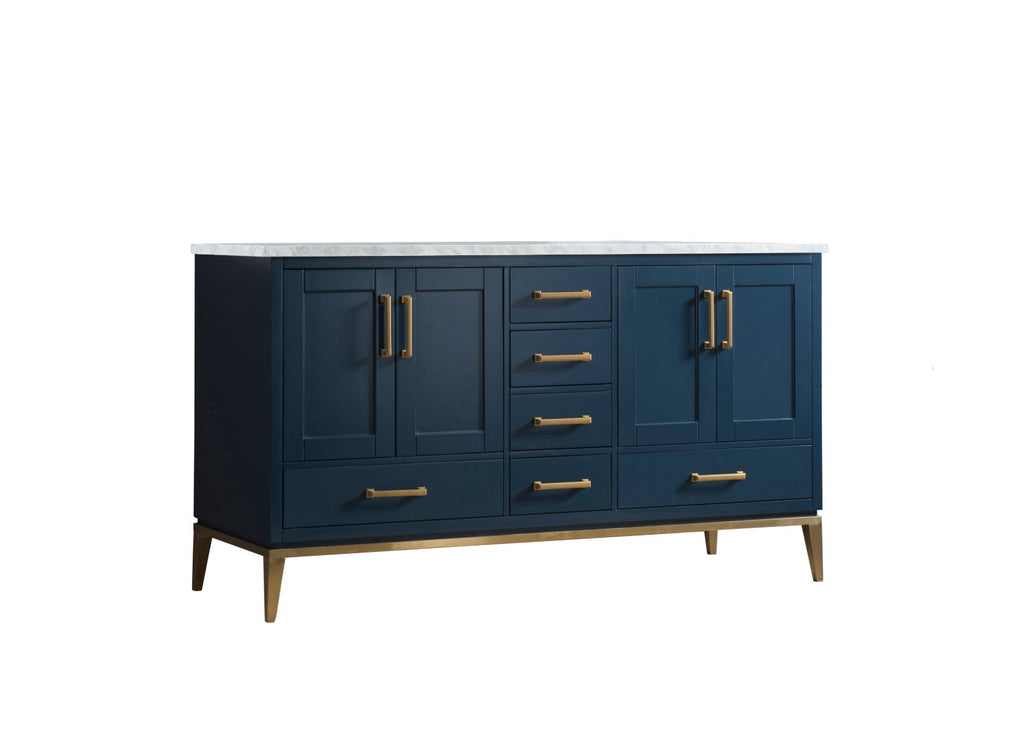 Rubeza 1500mm Anatolia Kitchen Island & Breakfast Bar with Carrara Marble Top - Dark Blue & Gold