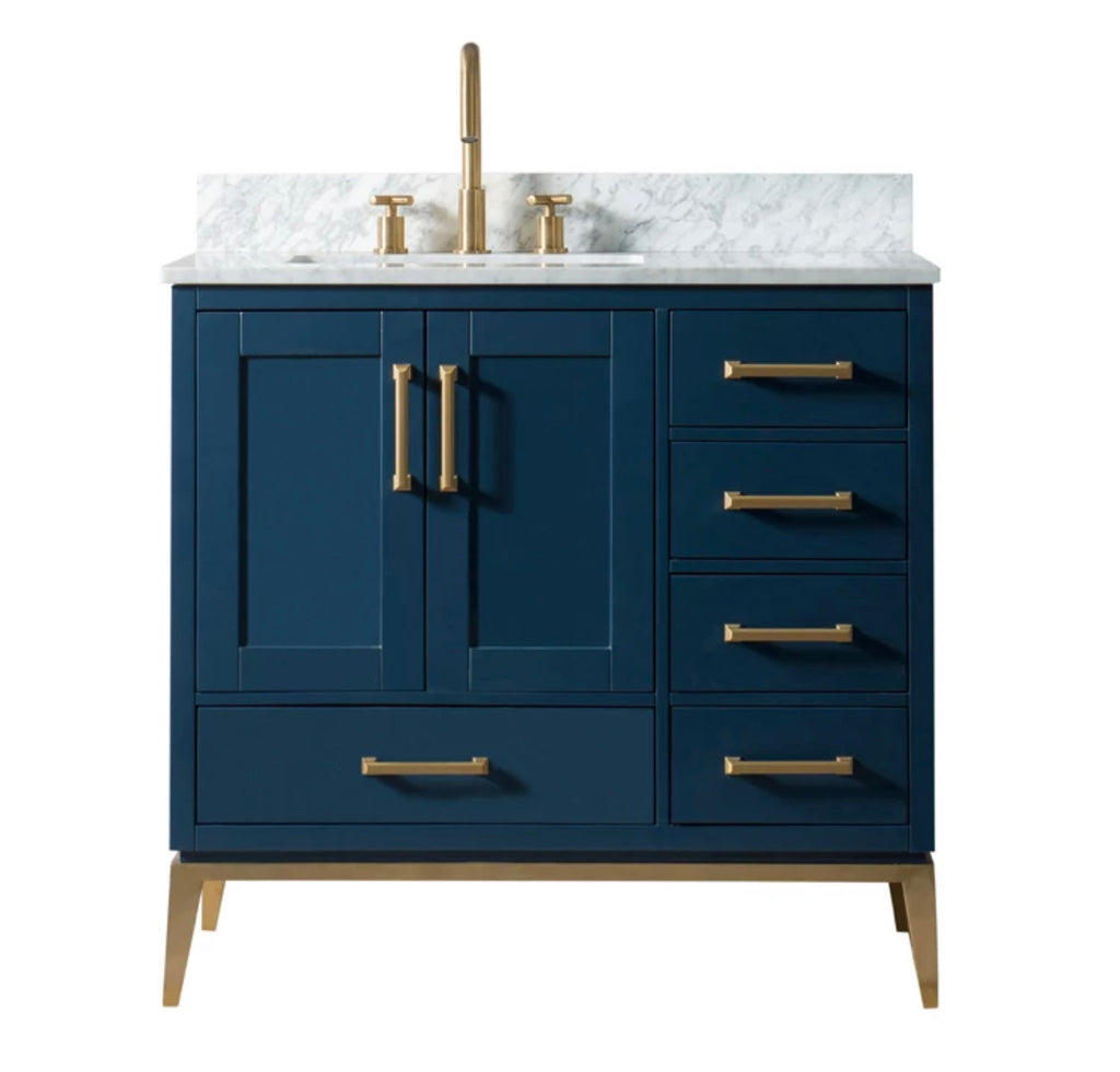 Rubeza 900mm Anatolia Vanity Unit with Carrara Marble Top - Dark Blue & Gold