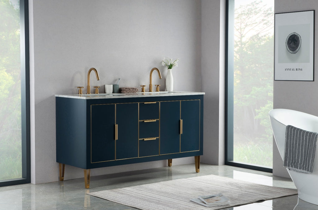 Rubeza 1500mm Dukes Vanity Unit with Carrara Marble Top - Dark Blue & Gold