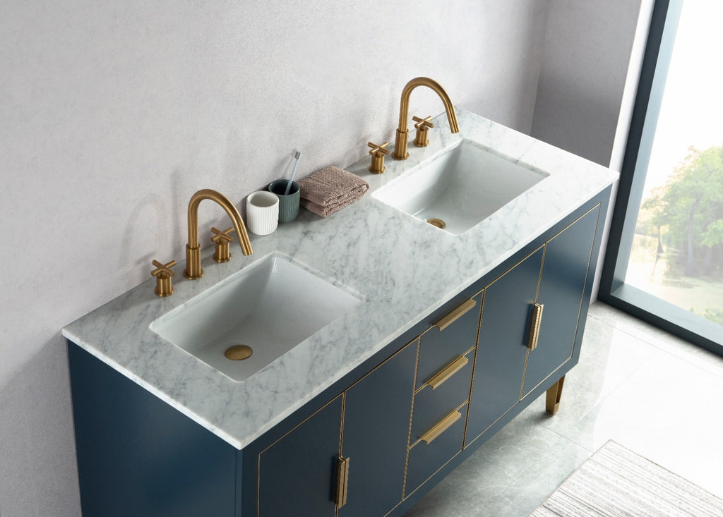 Rubeza 1500mm Dukes Vanity Unit with Carrara Marble Top - Dark Blue & Gold