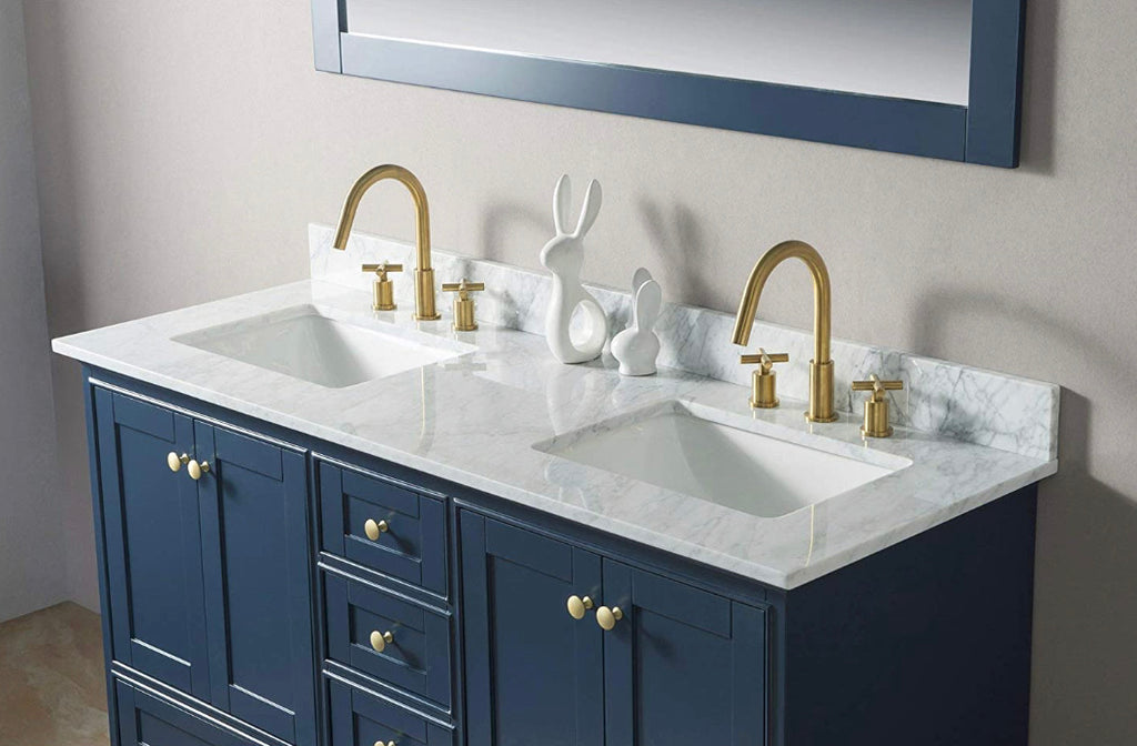 Rubeza 1500mm Charleston Vanity Unit with Carrara Marble Top - Dark Blue & Gold