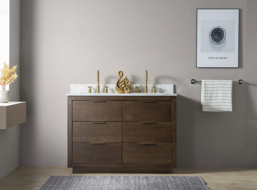 Rubeza 1200mm Keily Vanity Unit with Carrara Marble Top - Wood Veneer & Gold