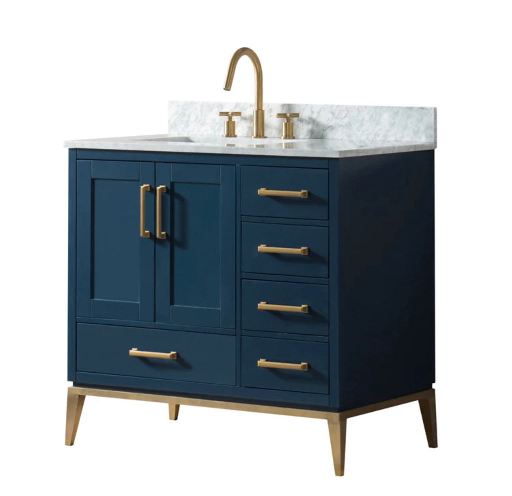 Rubeza 900mm Anatolia Vanity Unit with Carrara Marble Top - Dark Blue & Gold