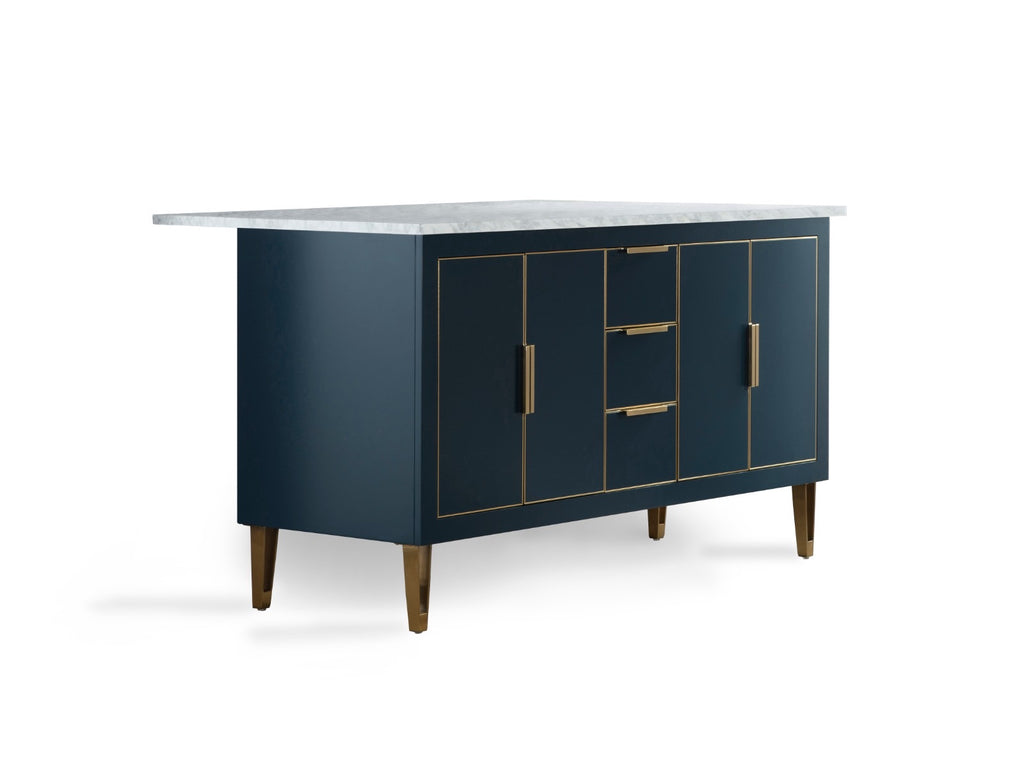 Rubeza 1500mm Dukes Kitchen Island with Carrara Marble Top - Dark Blue & Gold