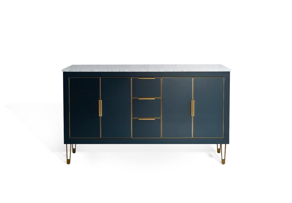 Rubeza 1500mm Dukes Kitchen Island with Carrara Marble Top - Dark Blue & Gold