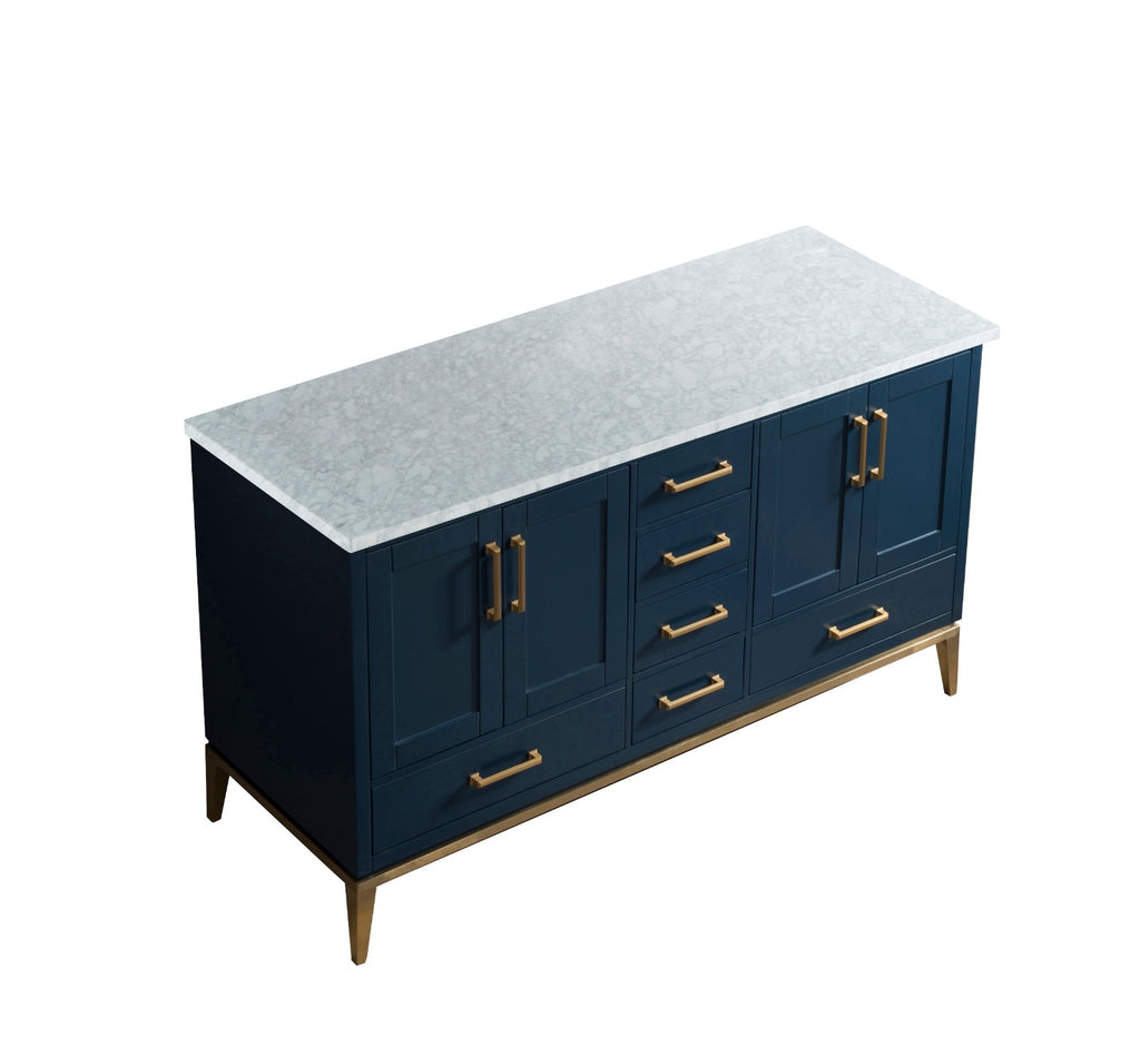 Rubeza 1500mm Anatolia Kitchen Island & Breakfast Bar with Carrara Marble Top - Dark Blue & Gold